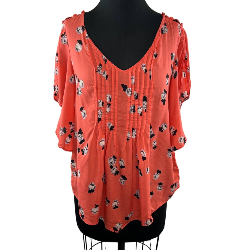 Anthropologie MAEVE Maya Coral Orange Floral V-Neck Flutter Sleeve Pleated Top 6